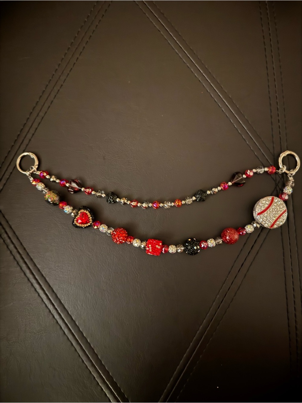 Baseball Mom Red Black Crystal Beaded Purse Charm Strap – Rhinestone Baseball